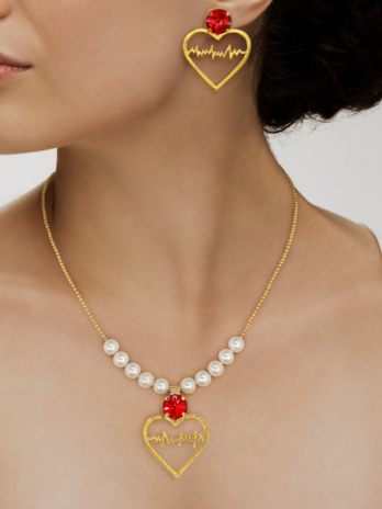 Anti-Tarnish Heartbeat Necklace Set With Earrings✨- Ivory Red