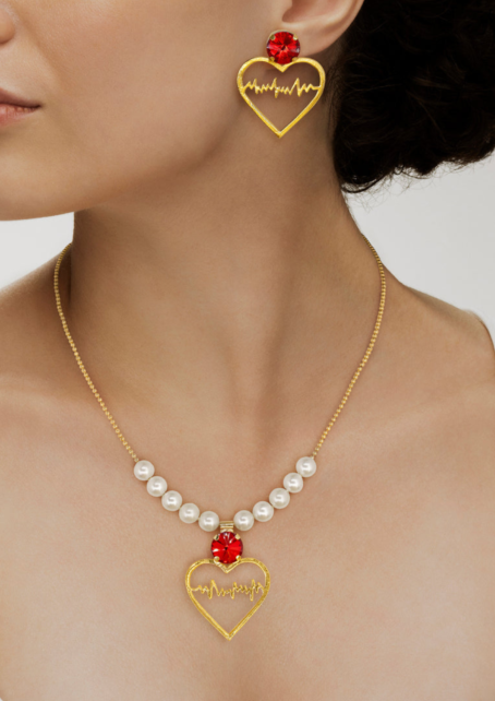 Anti-Tarnish Heartbeat Necklace Set With Earrings✨- Ivory Red