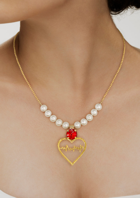Anti-Tarnish Heartbeat Necklace Set With Earrings✨- Ivory Red - Image 2