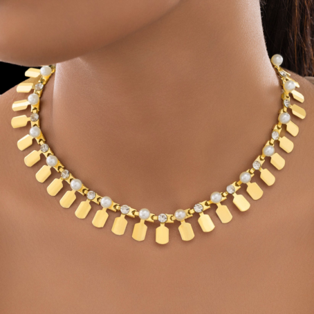 Anti-Tarnish Gold Plated Tribal Necklace with Pearl & Crystal